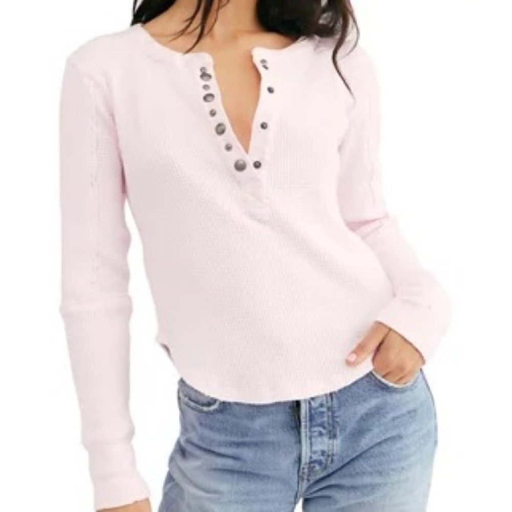 Free People Everest Solid Henley Pale Pink Long Sleeve Thermal Waffle Raw Edge